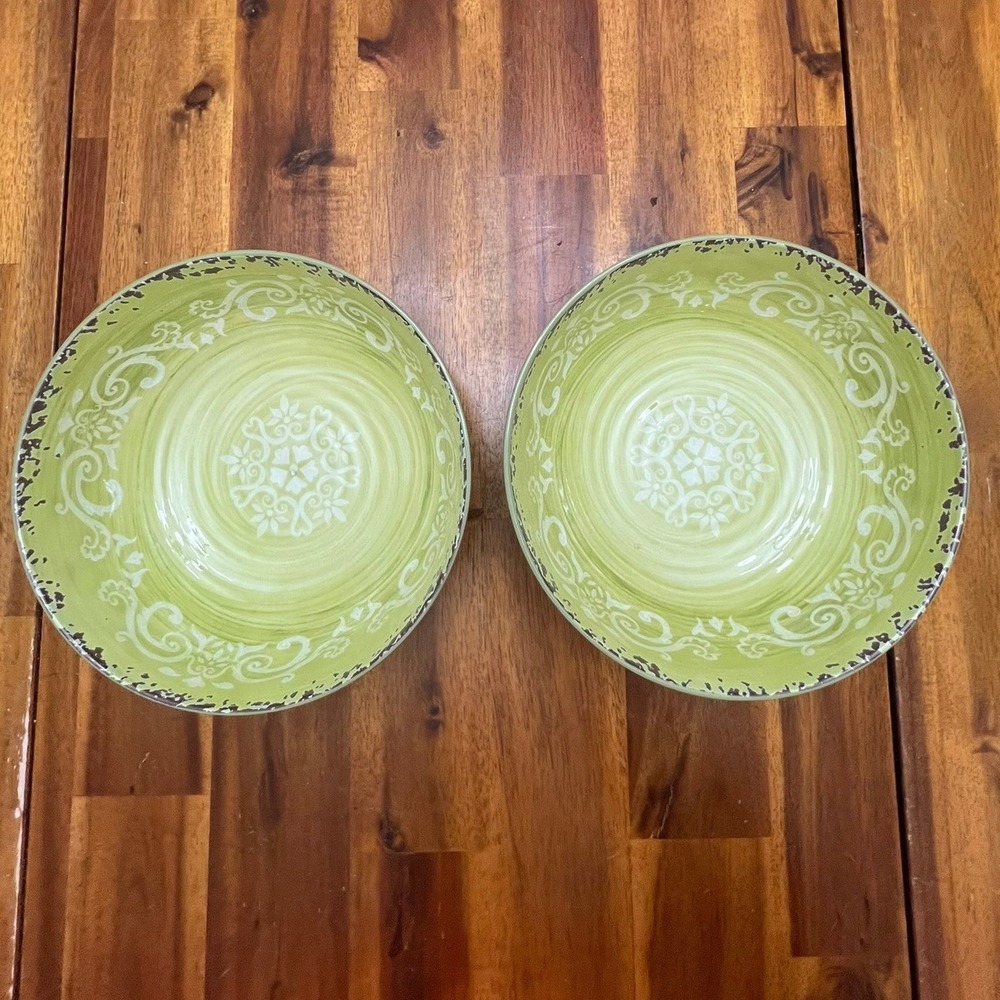 Palm Restaurant Pasta Salad Bowls Set of 2 8" Green Very Good Scroll Distressed - Picture 2 of 8